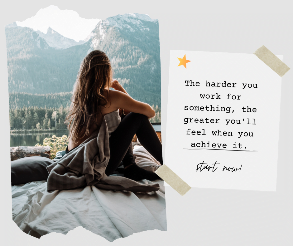 A thoughtful woman sitting comfortably, gazing at the mountains ahead. The caption reads a motivational quote for exams.