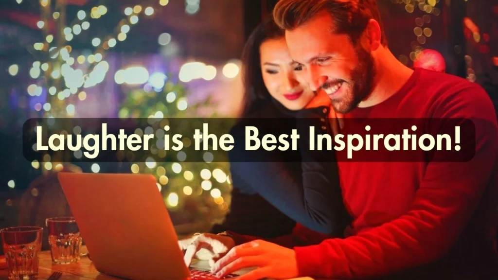 A couple happily gazing at the laptop screen, while reading funny inspirational quotes