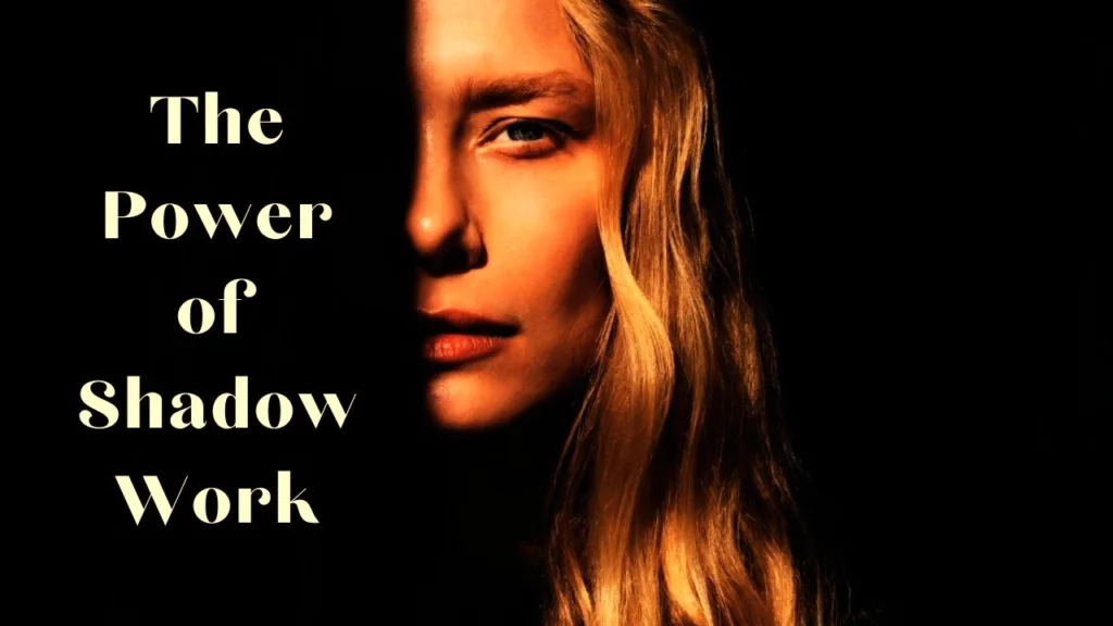 The half face of a blonde woman. The other is hidden behind the shadow, to depict what is shadow work.