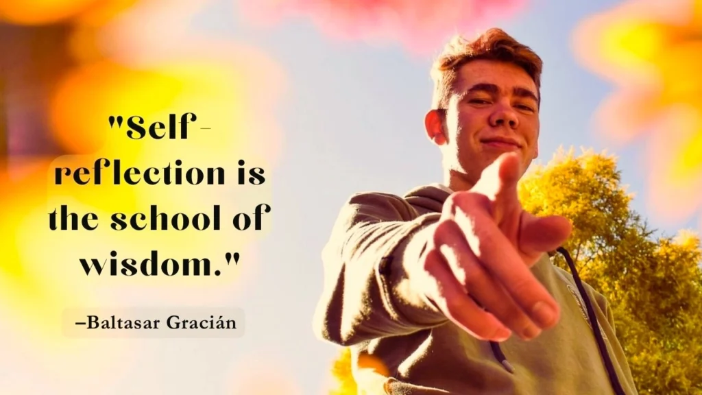 An image of a man standing in a garden, with a quote on the importance of self-reflection questions