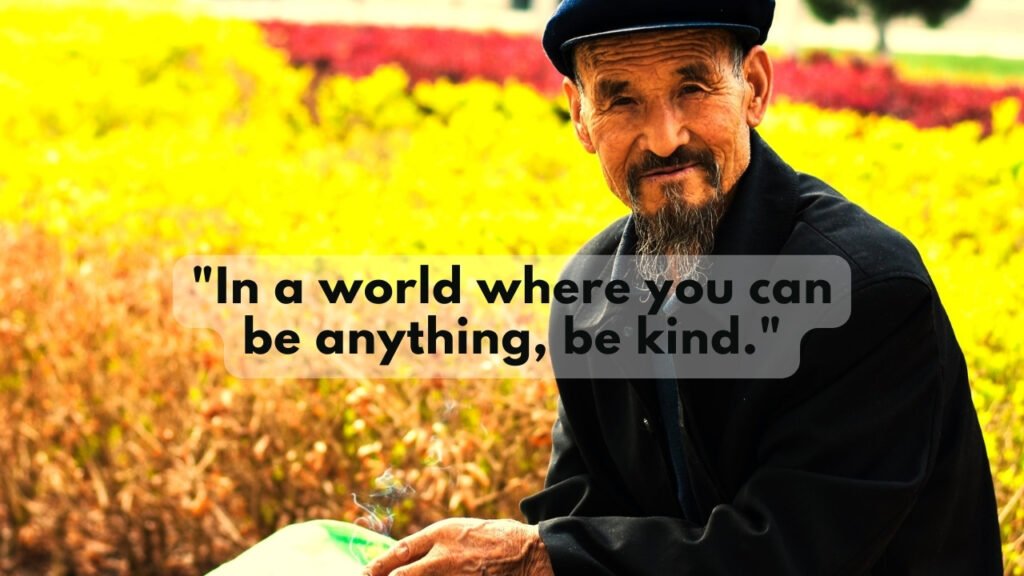 An image of a kind old man, with a kindness quote as a caption.