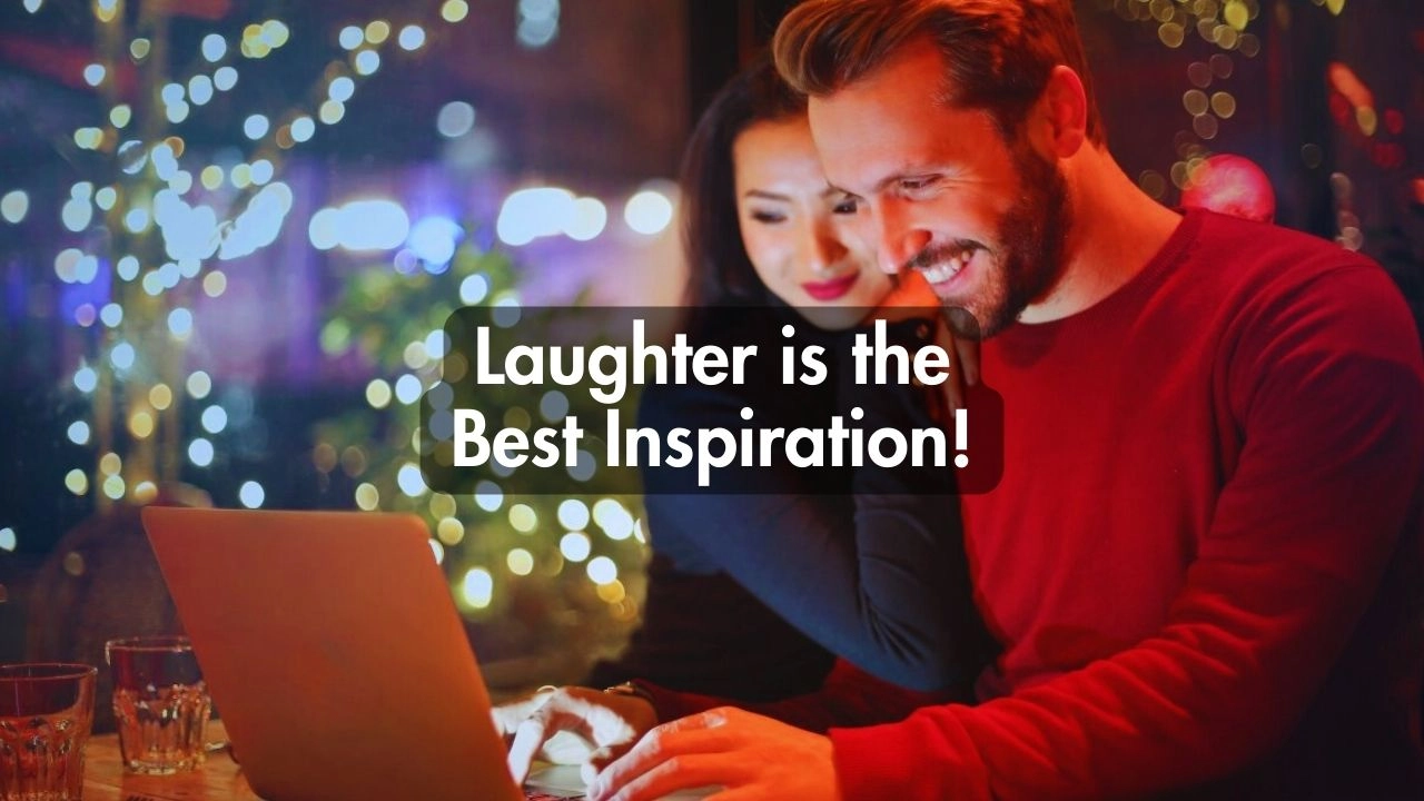 A couple happily gazing at the laptop screen, while reading funny inspirational quotes