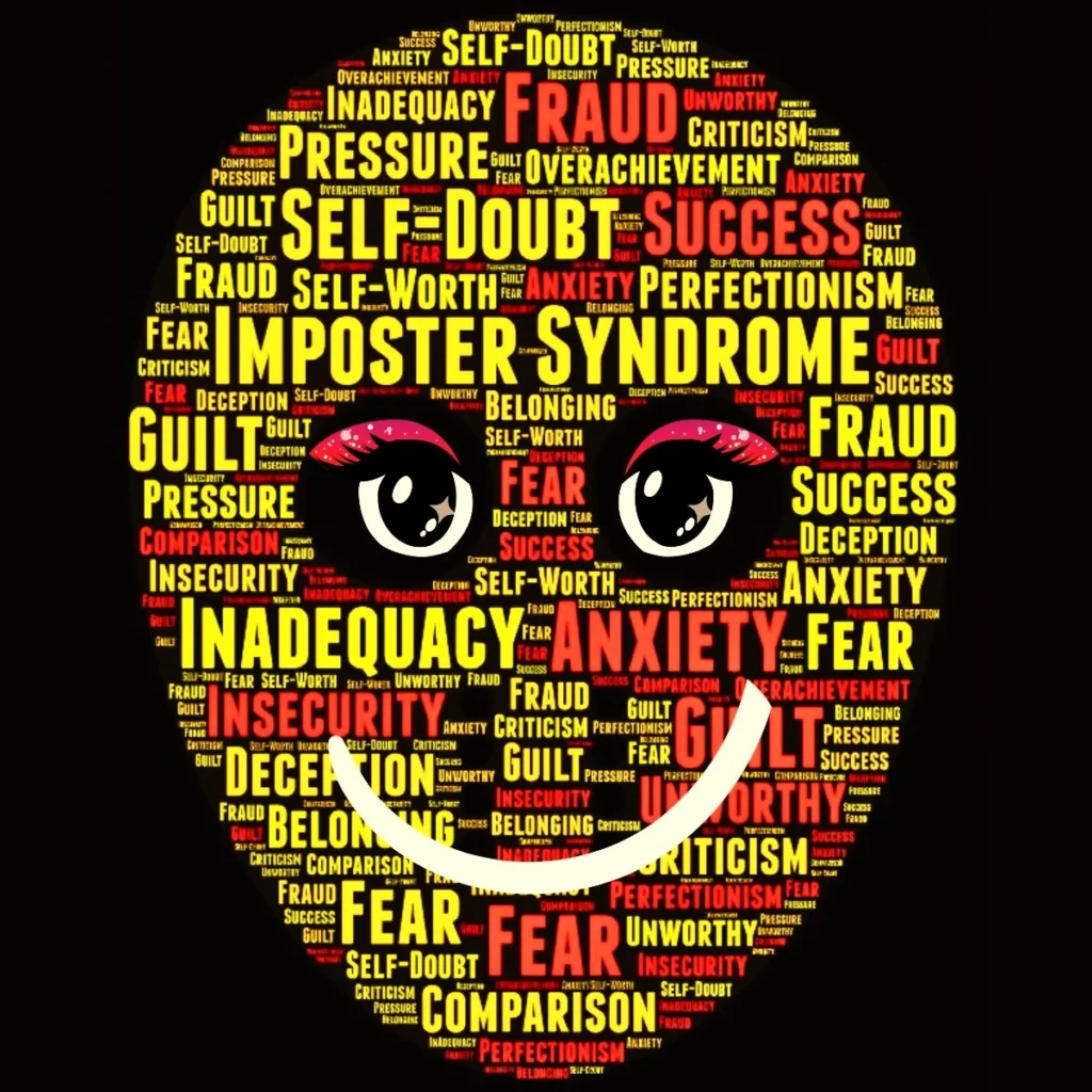 A word cloud of "Impostor Syndrome", the cloud is shaped as the mask of a smiling face to show self-doubt.